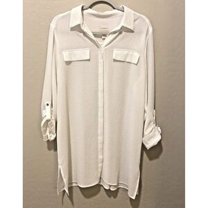 Chico's Women's White Long Button‑Up Shirt Size 8 Gold Button Casual Tunic Top